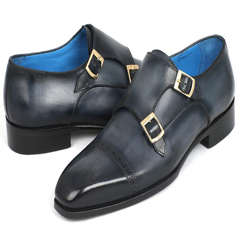 Paul Parkman Leather Monk Strap Shoes Navy