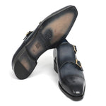 Paul Parkman Leather Monk Strap Shoes Navy