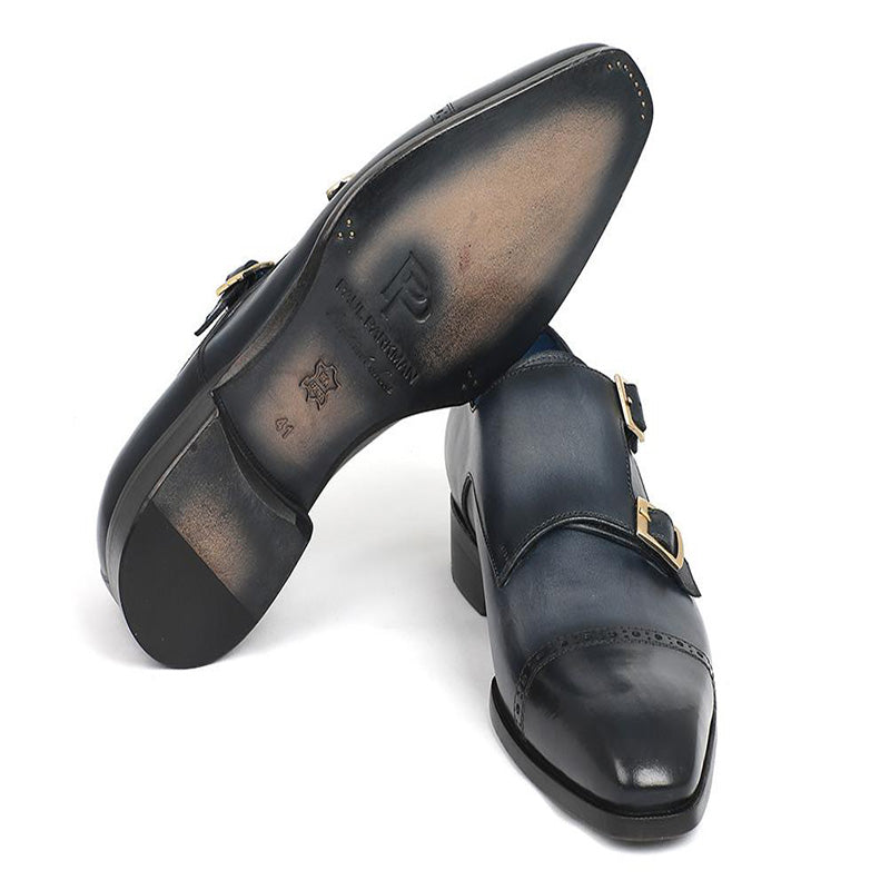 Paul Parkman Leather Monk Strap Shoes Navy