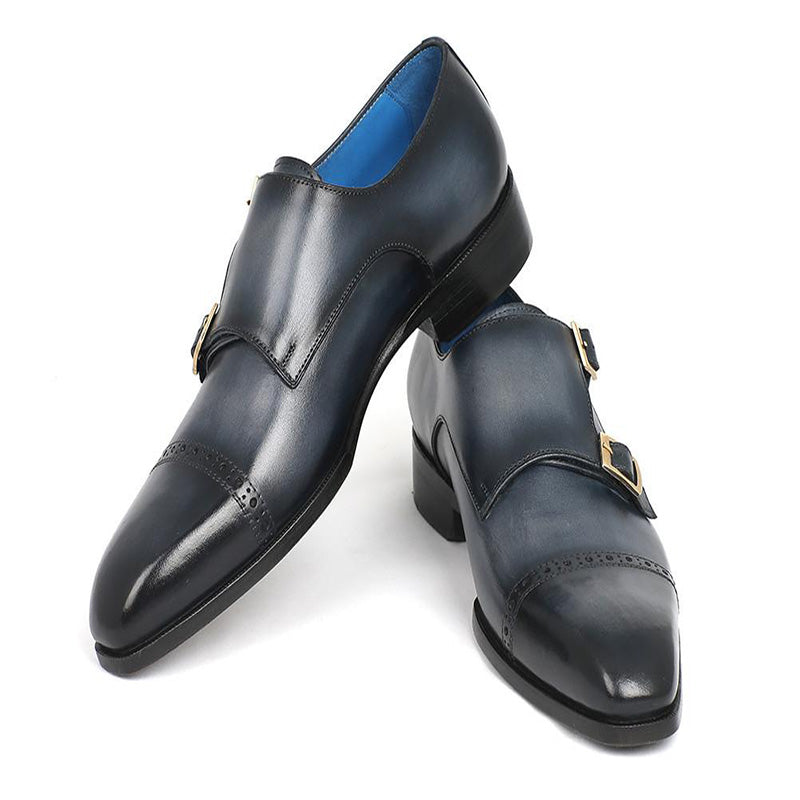 Paul Parkman Leather Monk Strap Shoes Navy