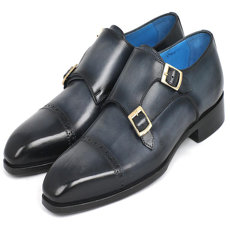 Paul Parkman Leather Monk Strap Shoes Navy