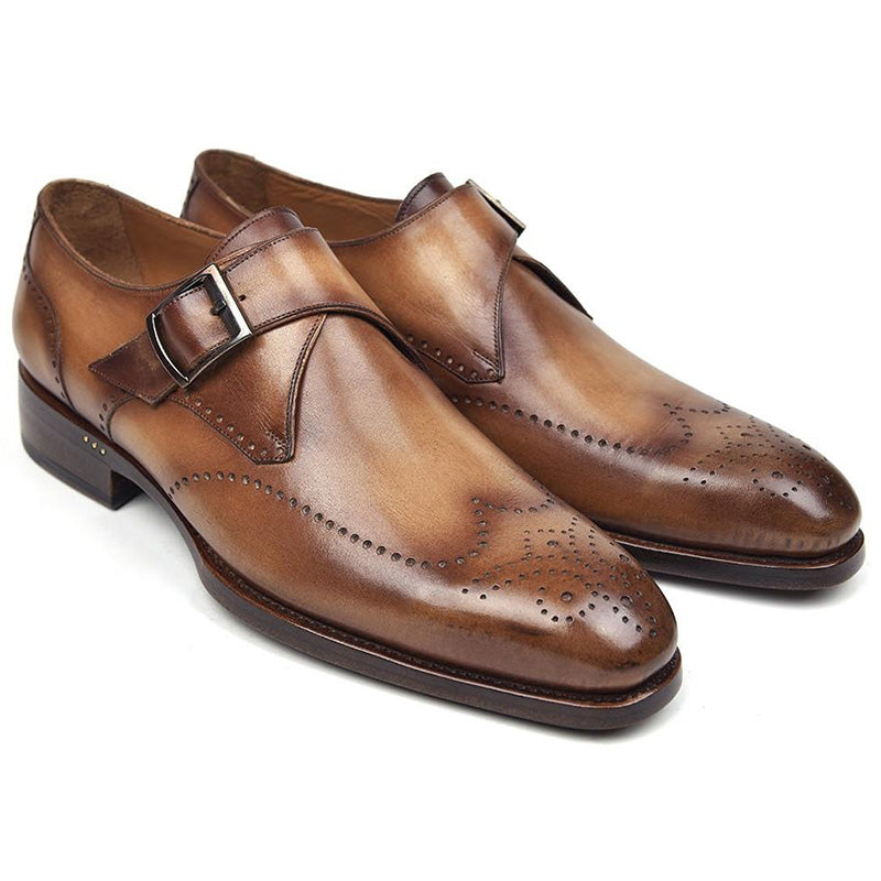 Paul Parkman Leather Single Monkstraps Wingtip Shoes Brown & Camel