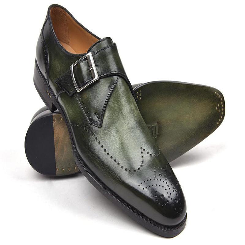 Paul Parkman Leather Single Monk Straps Wingtip Shoes Green