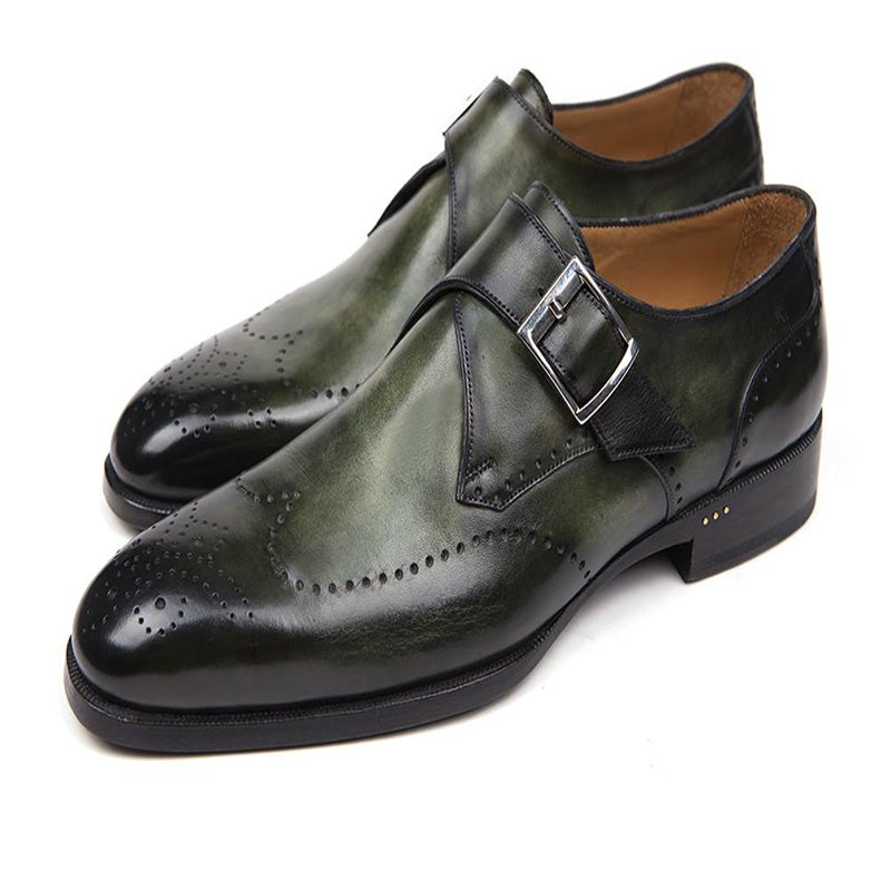 Paul Parkman Leather Single Monk Straps Wingtip Shoes Green
