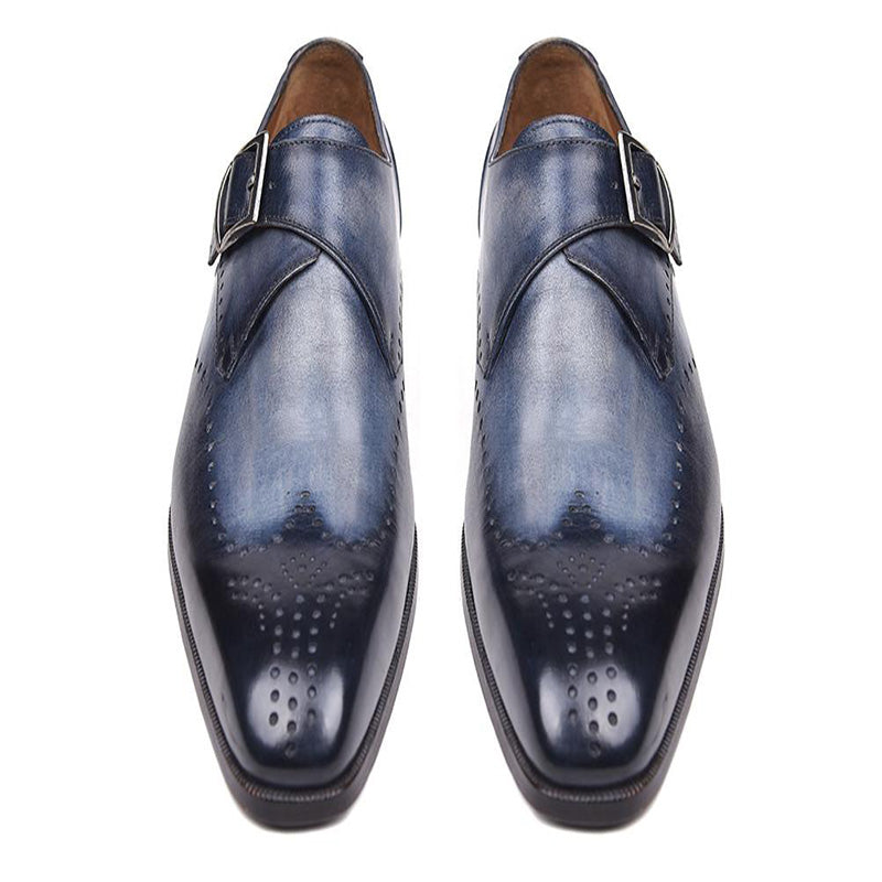 Paul Parkman Leather Single Monk Straps Wingtip Shoes Navy