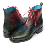 Paul Parkman Leather Wingtip Ankle Boots Three Tone Green Blue Bordeaux