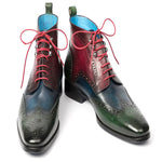 Paul Parkman Leather Wingtip Ankle Boots Three Tone Green Blue Bordeaux