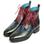 Paul Parkman Leather Wingtip Ankle Boots Three Tone Green Blue Bordeaux