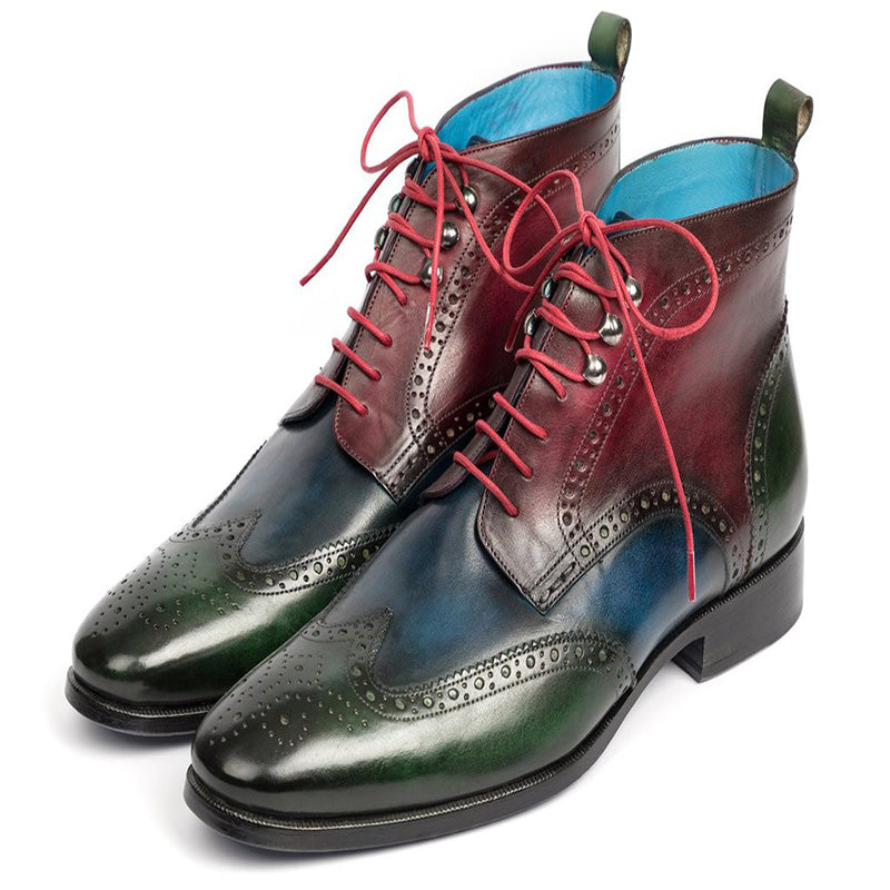 Paul Parkman Leather Wingtip Ankle Boots Three Tone Green Blue Bordeaux