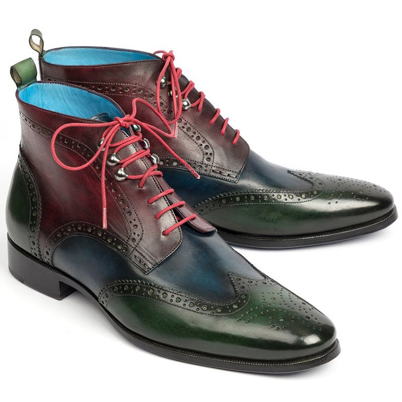 Paul Parkman Leather Wingtip Ankle Boots Three Tone Green Blue Bordeaux