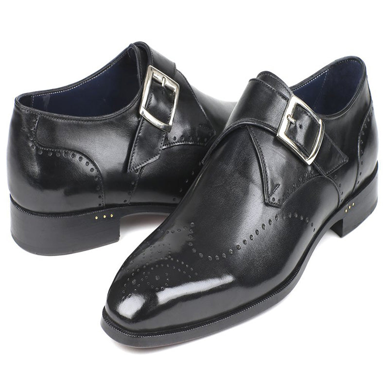 Paul Parkman Leather Wingtip Single Monk Strap Shoes Black