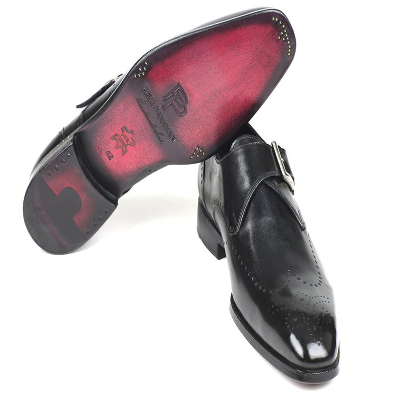 Paul Parkman Leather Wingtip Single Monk Strap Shoes Black