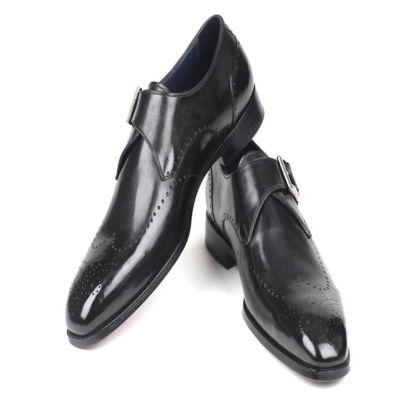 Paul Parkman Leather Wingtip Single Monk Strap Shoes Black
