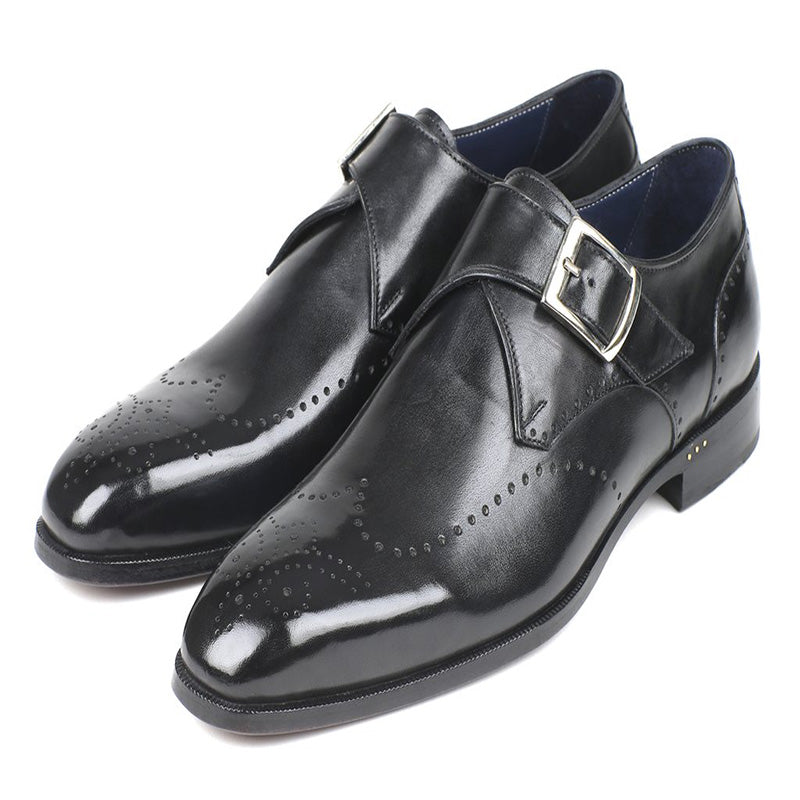 Paul Parkman Leather Wingtip Single Monk Strap Shoes Black