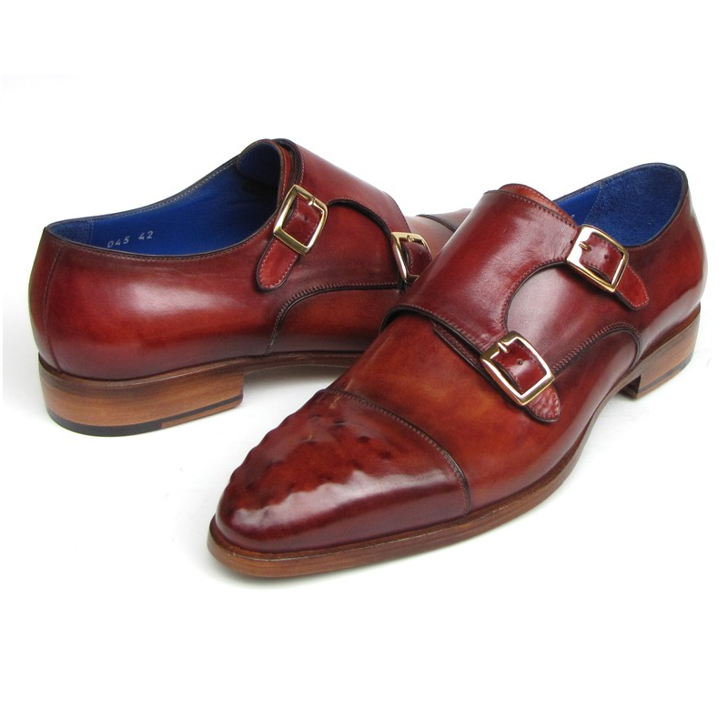 Paul Parkman Ostrich Embossed Double Monk Strap Shoes Burgundy
