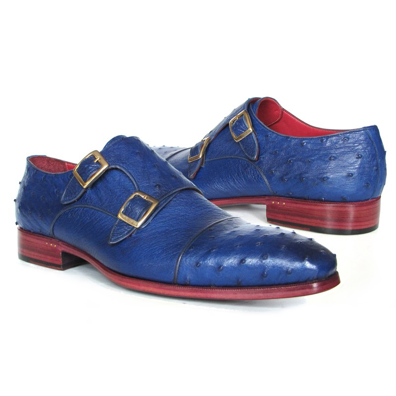 Paul Parkman Ostrich Quill Double Monk Strap Shoes Blue