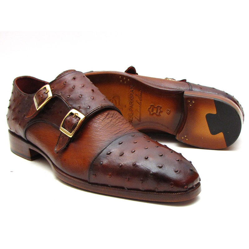 Paul Parkman Ostrich Quill Double Monk Strap Shoes Brown / Tobacco