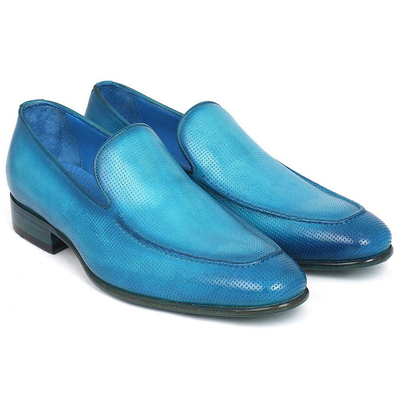 Paul Parkman Perforated Leather Loafers Turquoise