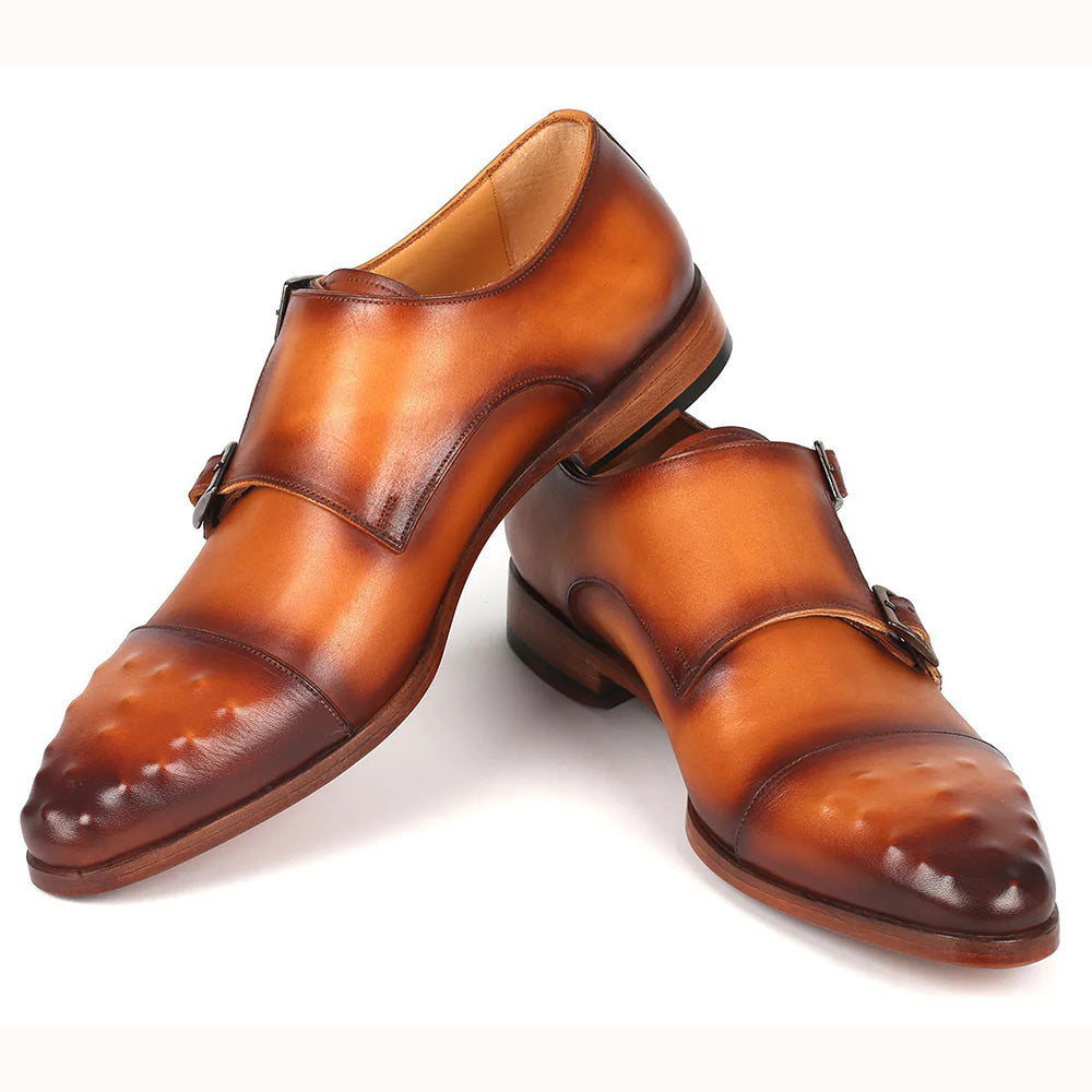 Paul Parkman Studded Cap Toe Monkstraps Shoes Light Brown