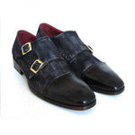 Paul Parkman Suede & Calfskin Double Monk Strap Shoes Navy