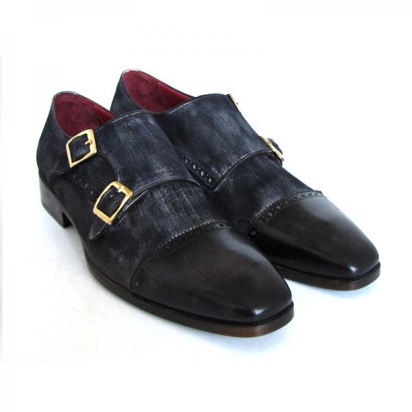 Paul Parkman Suede & Calfskin Double Monk Strap Shoes Navy