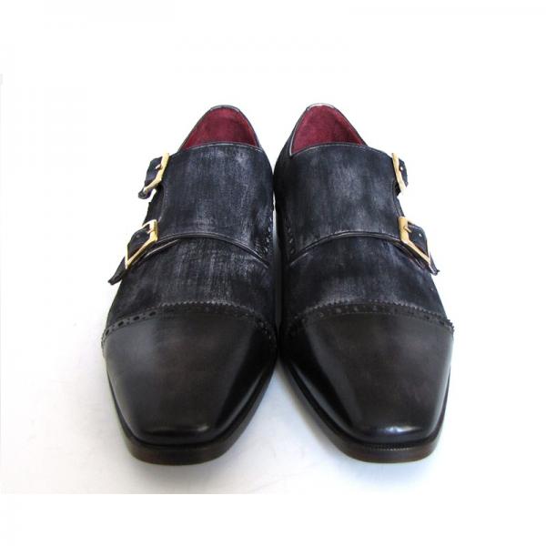 Paul Parkman Suede & Calfskin Double Monk Strap Shoes Navy