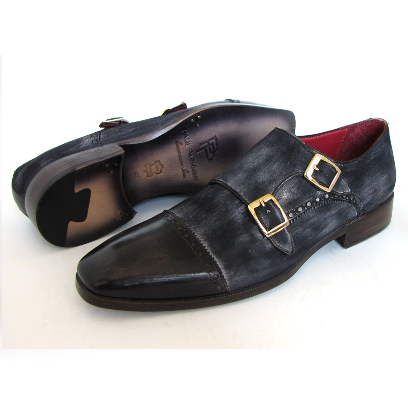 Paul Parkman Suede & Calfskin Double Monk Strap Shoes Navy