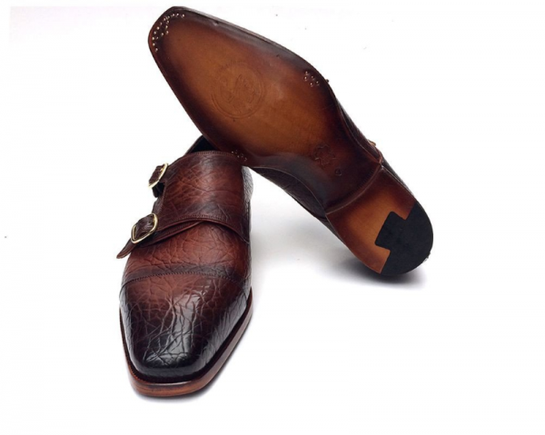 Paul Parkman Textured Leather Double Monk Strap Shoes Brown