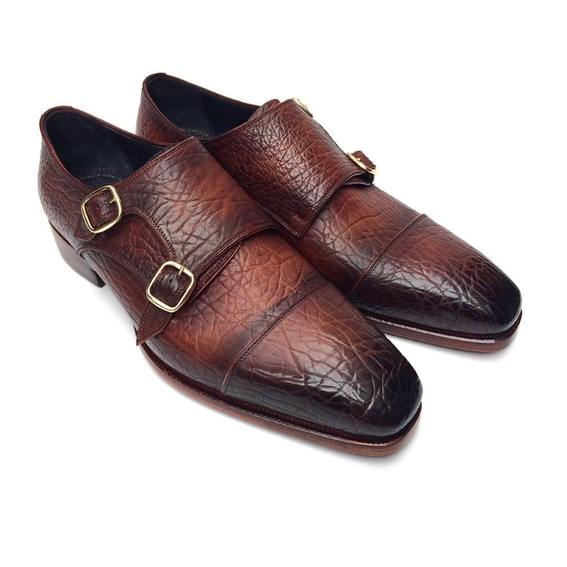 Paul Parkman Textured Leather Double Monk Strap Shoes Brown