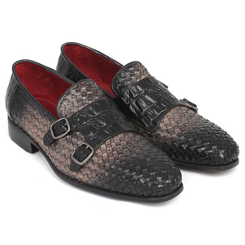 Paul Parkman Woven & Croc Embossed Monkstraps Shoes Gray