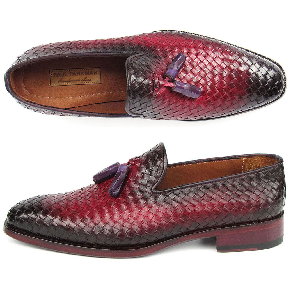 Paul Parkman Woven Leather Tassel Loafers Burgundy