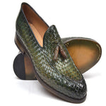 Paul Parkman Woven Leather Tassel Loafers Green