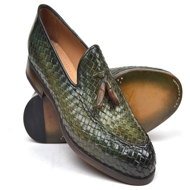 Paul Parkman Woven Leather Tassel Loafers Green