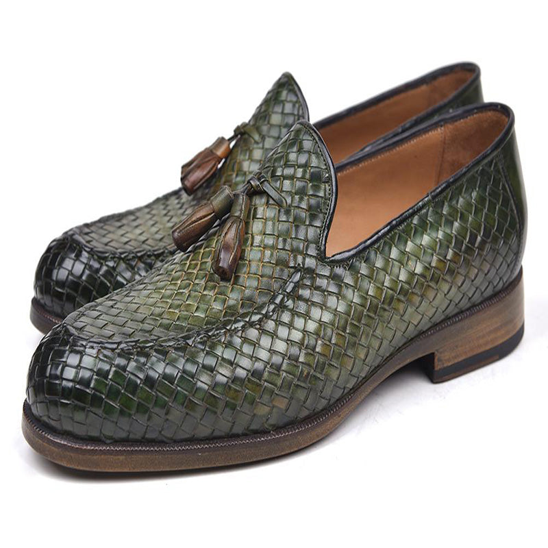 Paul Parkman Woven Leather Tassel Loafers Green