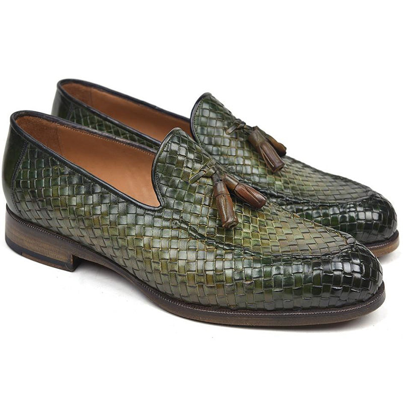 Paul Parkman Woven Leather Tassel Loafers Green