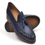 Paul Parkman Woven Leather Tassel Loafers Navy