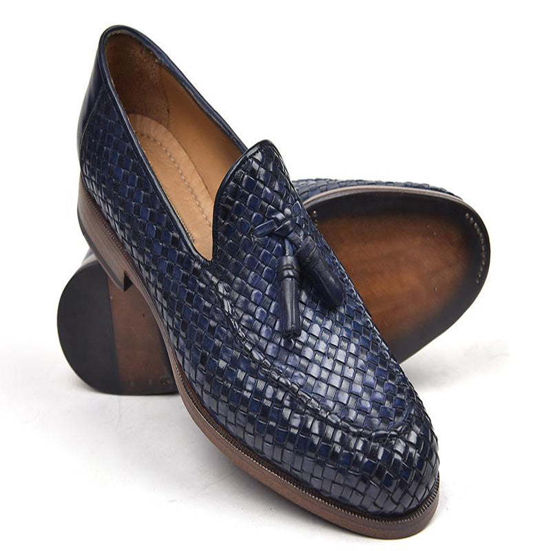 Paul Parkman Woven Leather Tassel Loafers Navy