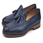 Paul Parkman Woven Leather Tassel Loafers Navy