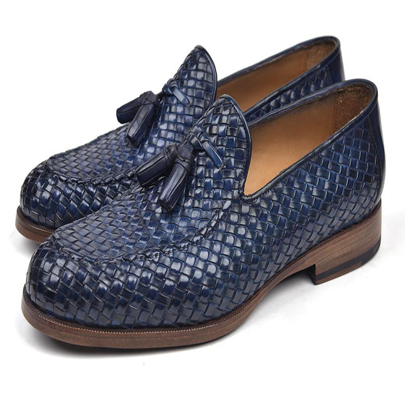 Paul Parkman Woven Leather Tassel Loafers Navy
