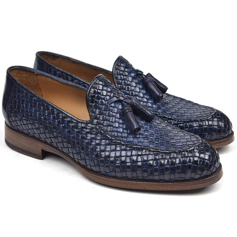 Paul Parkman Woven Leather Tassel Loafers Navy