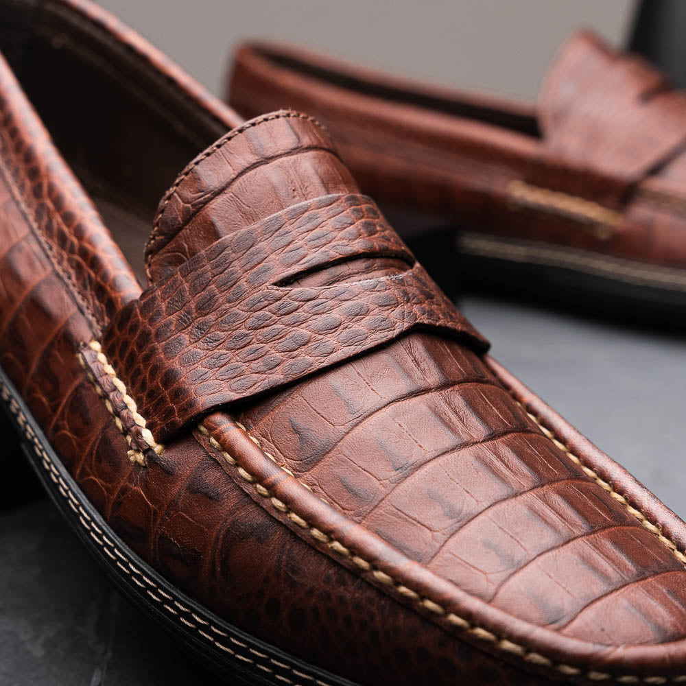 Handsewn Shoe Co. Crocodile Penny Driver Brown