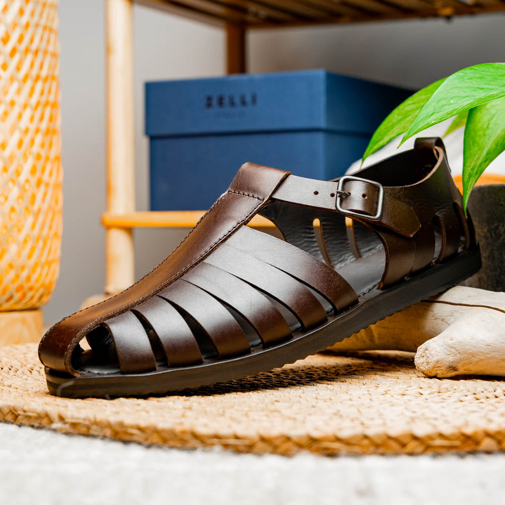 Zelli Pesca Calfskin Fisherman Sandal Brown | MensDesignerShoe.com