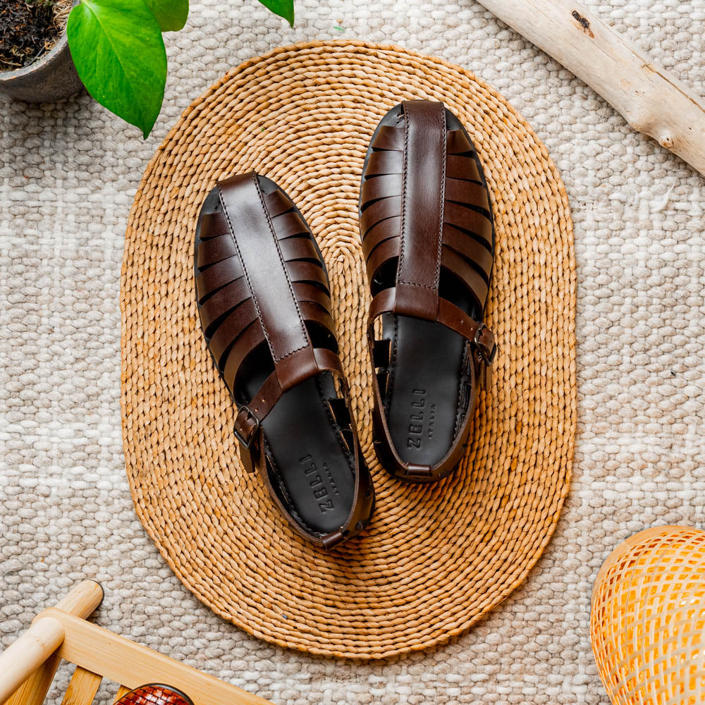 Zelli Pesca Calfskin Fisherman Sandal Brown | MensDesignerShoe.com