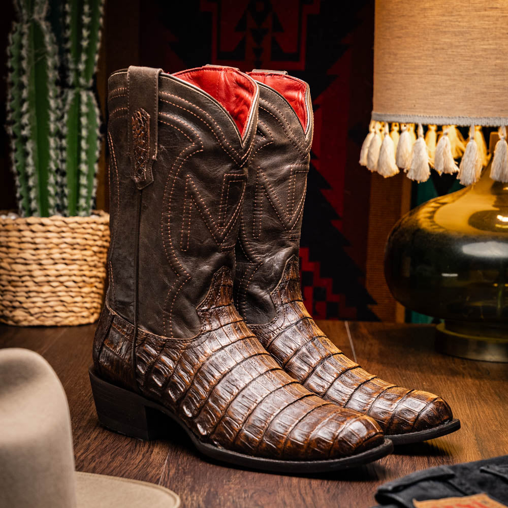 Marco Di Milano Phoenix Caiman Crocodile Round Toe Cowboy Boot Aged Brown