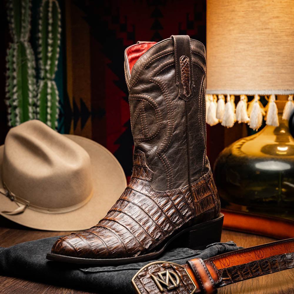 Marco Di Milano Phoenix Caiman Crocodile Round Toe Cowboy Boot Aged Brown