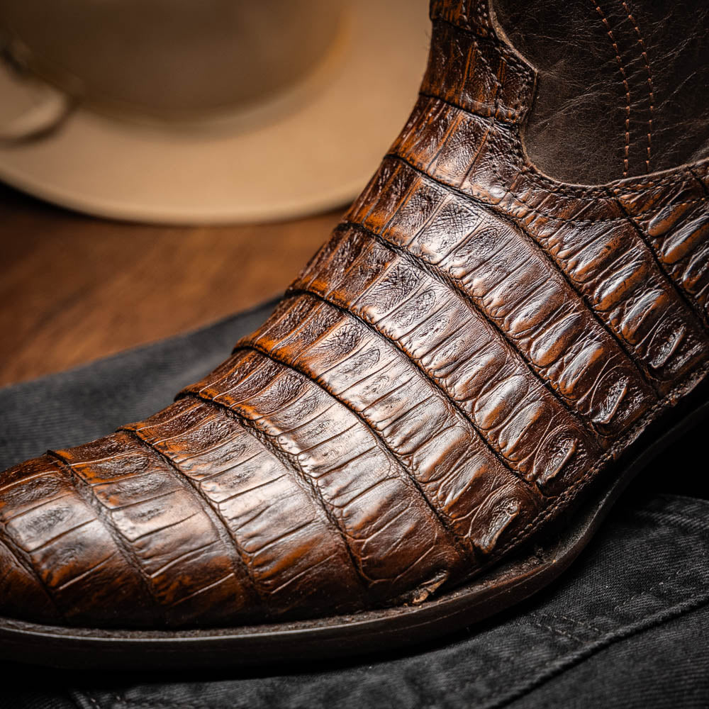 Marco Di Milano Phoenix Caiman Crocodile Round Toe Cowboy Boot Aged Brown