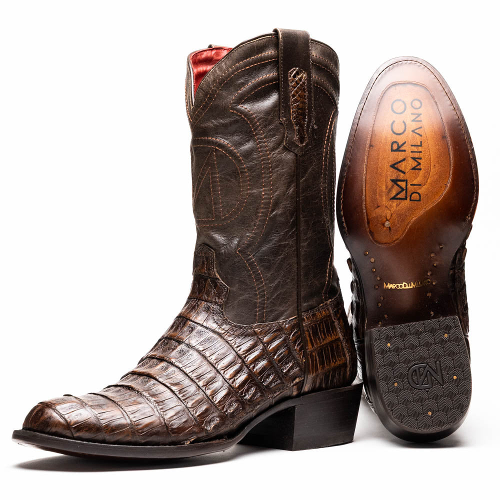 Marco Di Milano Phoenix Caiman Crocodile Round Toe Cowboy Boot Aged Brown