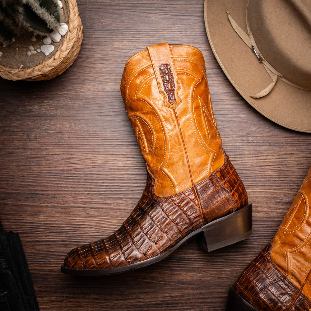 Marco Di Milano Phoenix Caiman Crocodile Round Toe Cowboy Boot Aged Maple