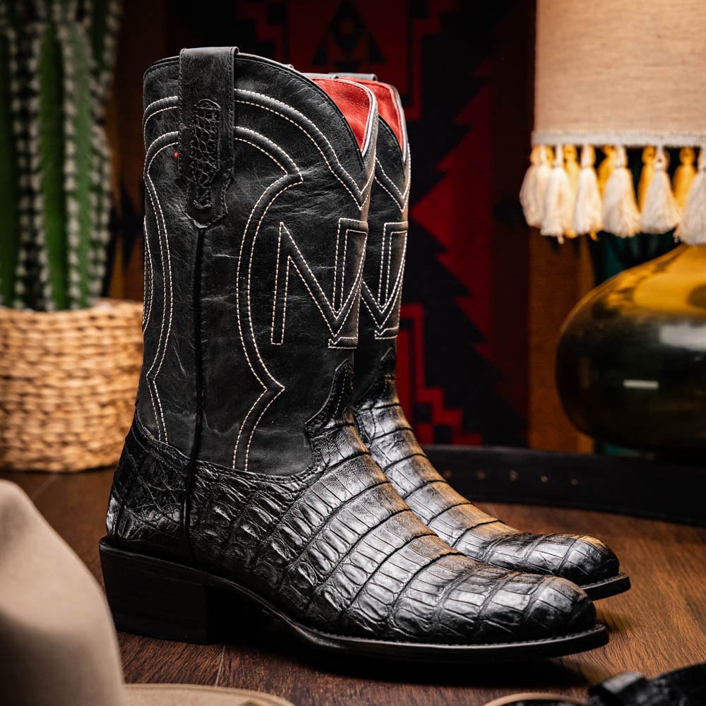 Marco Di Milano Phoenix Caiman Crocodile Round Toe Cowboy Boot Black