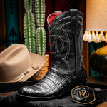 Marco Di Milano Phoenix Caiman Crocodile Round Toe Cowboy Boot Black